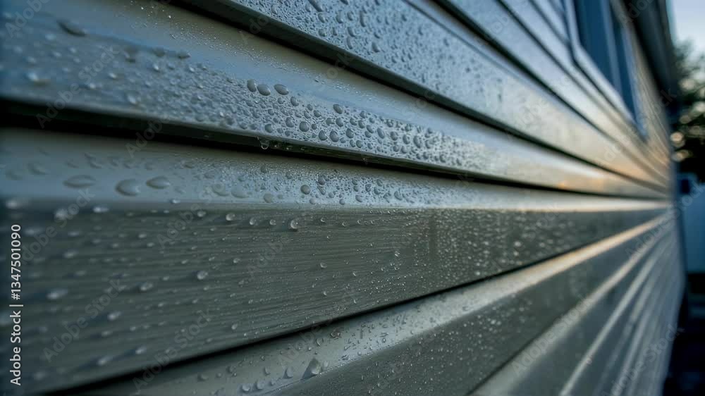 Poster golden hour sunlight reflects on water droplets clinging to vinyl siding, creating a mesmerizing int