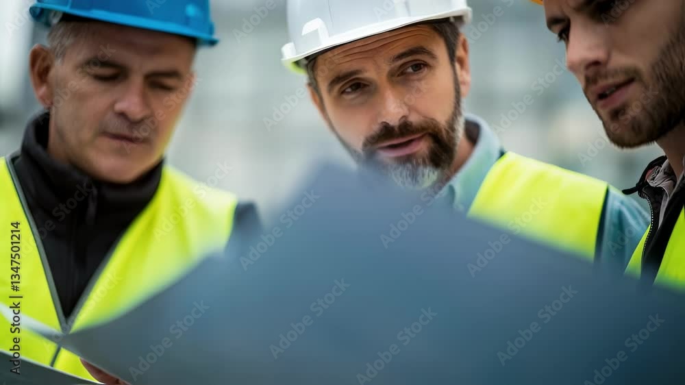Poster professional engineers and architects wearing safety helmets and vests are carefully examining bluep