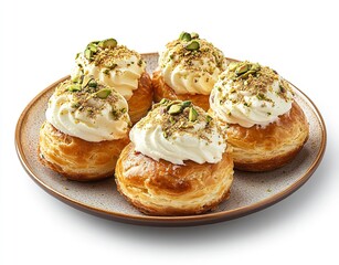Tasty Pistachio Cream Puffs with Whipped Topping on a Plate – Elegant Dessert Presentation