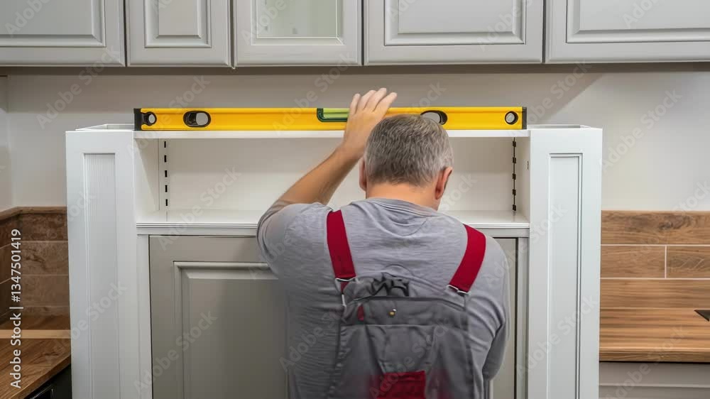 Poster professional carpenter carefully checking kitchen cabinet alignment with spirit level, ensuring prec