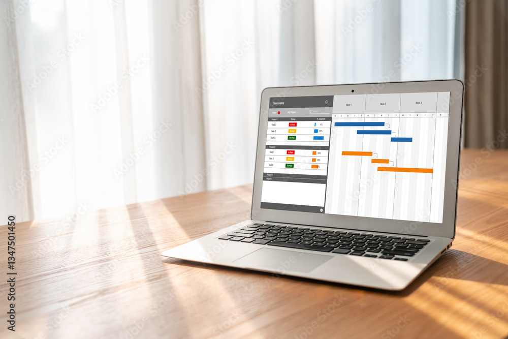 Poster project planning software for modish business project management on the computer screen showing time
