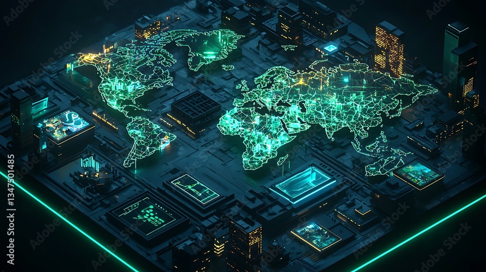 Aufkleber global digital network map overlaid on a futuristic circuit board. international data flow, global c