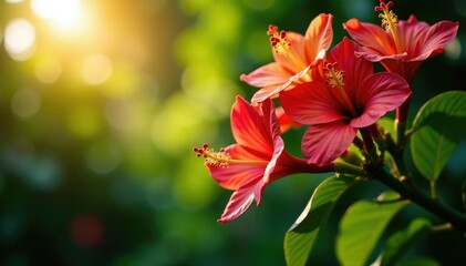 Obraz premium Colorful flowers on a large tree bloom in the warm sunlight of a tropical garden, nature, greenery