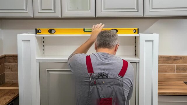 Professional carpenter carefully checking kitchen cabinet alignment with spirit level, ensuring precise leveling during precise home renovation woodworking project