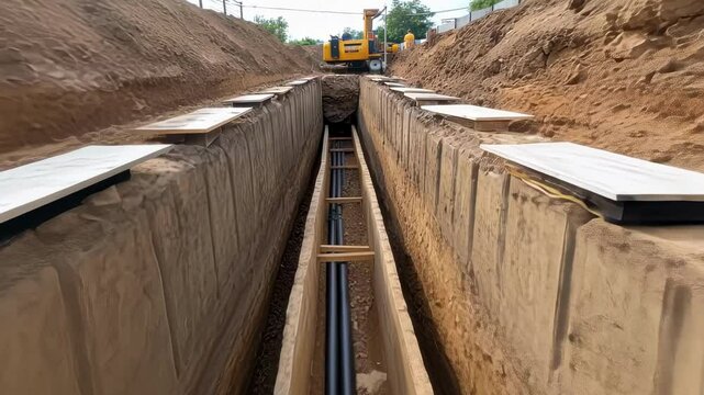 Construction workers are meticulously positioning wooden planks and plates over a recently excavated trench containing electrical conduits, ensuring safety and stability at the construction site