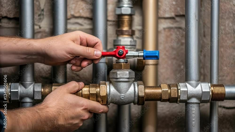 Poster close up of a plumber's hands carefully adjusting a red valve lever on a complex network of pipes ag