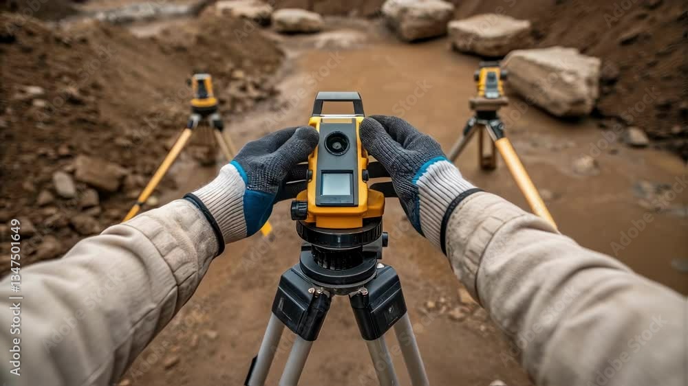 Aufkleber Construction surveyor adjusting digital level on tripod for precise measurement in point of view perspective, ensuring accurate readings for groundwork preparations