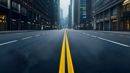 Fototapeta premium Empty City Street At Dusk With Tall Buildings
