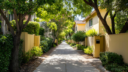 Obraz premium Tree Lined Pathway Through Residential Buildings With Lush Green Foliage On A Sunny Day