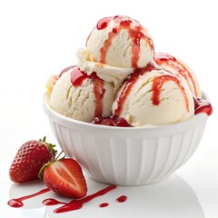 Vanilla Ice Cream Sundae with Dripping Strawberry Syrup – Sweet Dessert, Creamy Texture, High-Resolution Food Photography