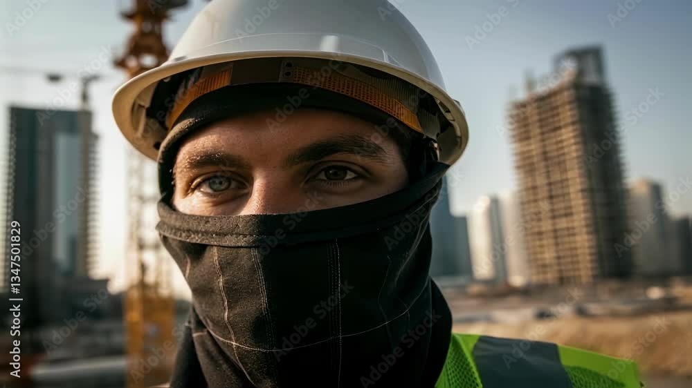 Poster construction worker wearing protective mask and helmet standing on building site with serious expres