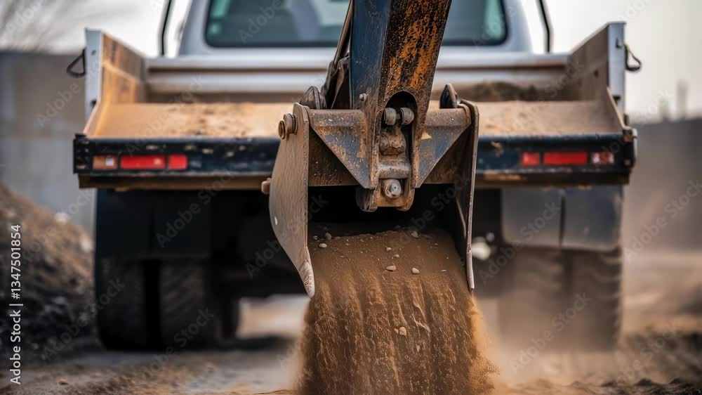 Poster powerful excavator loading golden sand into large dump truck, generating billowing dust cloud during
