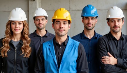 Group of construction workers showing confidence in a modern office background for Labor Day.