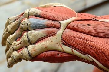 Detailed view of human hand anatomy showcasing muscles and tendons in natural light