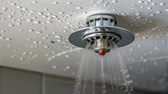 Powerful water stream bursting from activated ceiling sprinkler, rapidly suppressing potential fire hazard and preventing structural damage in commercial building safety scenario