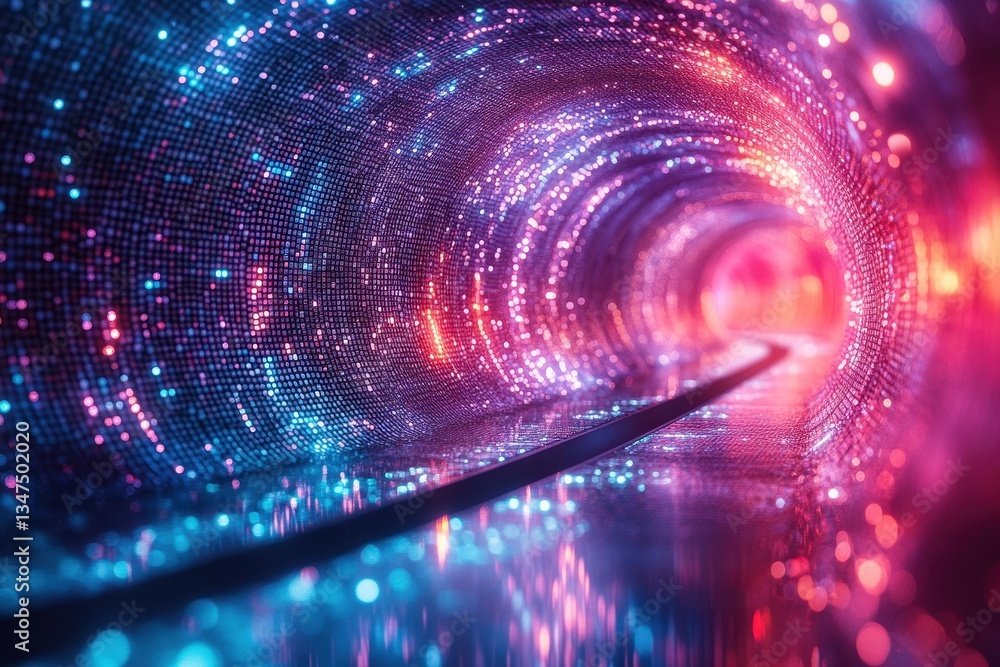 Wall mural vibrant light patterns create a mesmerizing tunnel effect in a digital landscape at twilight