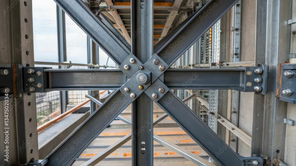 Aufkleber Intersecting steel beams form a robust framework, showcasing the structural integrity of a bridge under construction, emphasizing the precision engineering and strength of modern infrastructure