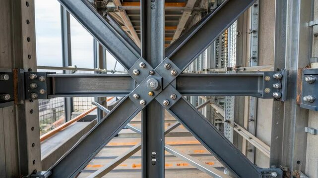 Intersecting steel beams form a robust framework, showcasing the structural integrity of a bridge under construction, emphasizing the precision engineering and strength of modern infrastructure
