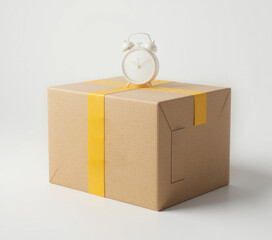 Package Delivery Deadline White Alarm Clock on Box with Yellow Tape