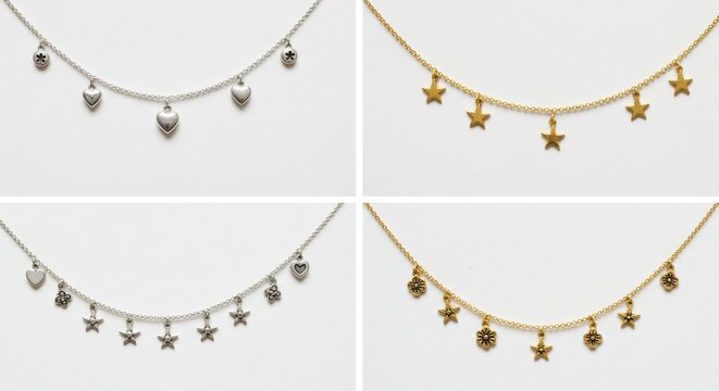 Arrangement of necklaces with charm pendants for fashion accessories advertising