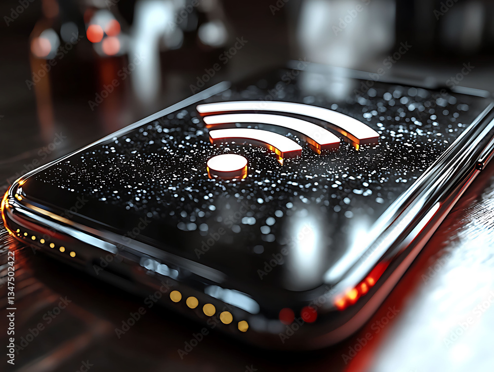 Poster closeup of a sleek smartphone displaying a glowing wifi symbol on its screen, subtly textured with w