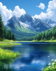 Fototapeta premium Serene mountain lake reflecting blue sky, lush green meadows, snow capped peaks. Tranquil landscape