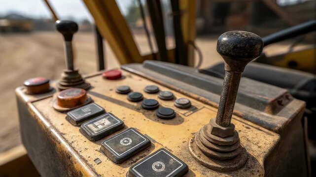 Yellow forklift control panel featuring two joysticks and multiple buttons, possibly used for operating lifting and tilting functions in a warehouse or industrial setting