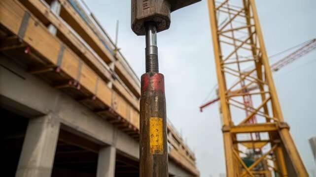 Rotating threaded steel rod suspended from crane hook, highlighting industrial engineering process against bustling construction site with urban skyline and ongoing infrastructure development