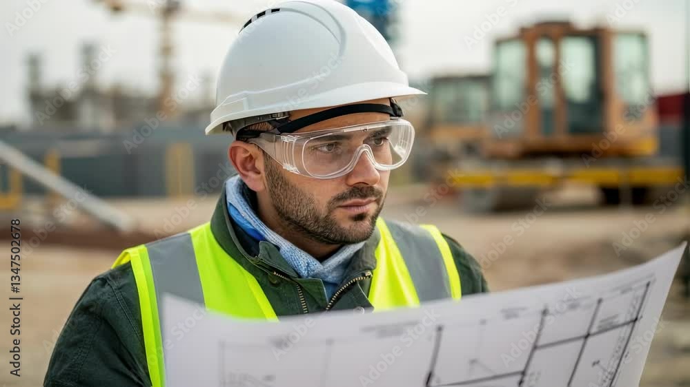 Poster construction engineer wearing protective gear reviewing architectural blueprints at industrial build