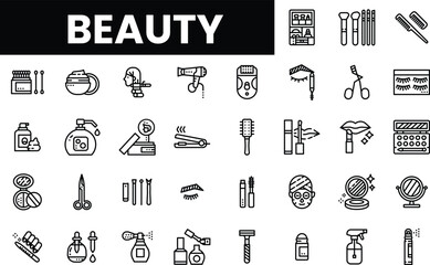 A collection of beauty icons in black and white, showcasing skincare and makeup tools.