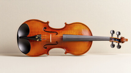 beautifully crafted violin showcasing its elegant curves and rich wood grain, resting neutral background, evokes sense of artistry and musicality