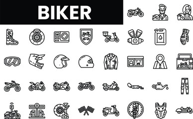 Illustrated icons representing biker culture and motorcycle gear.