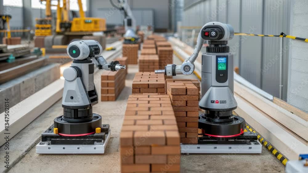 Aufkleber Advanced robotic arms collaborate, placing bricks with precision to construct a wall within a technologically advanced factory setting, showcasing automation in construction