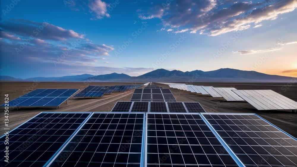 Poster rows of solar panels are capturing sunlight in a vast desert landscape with majestic mountains in th