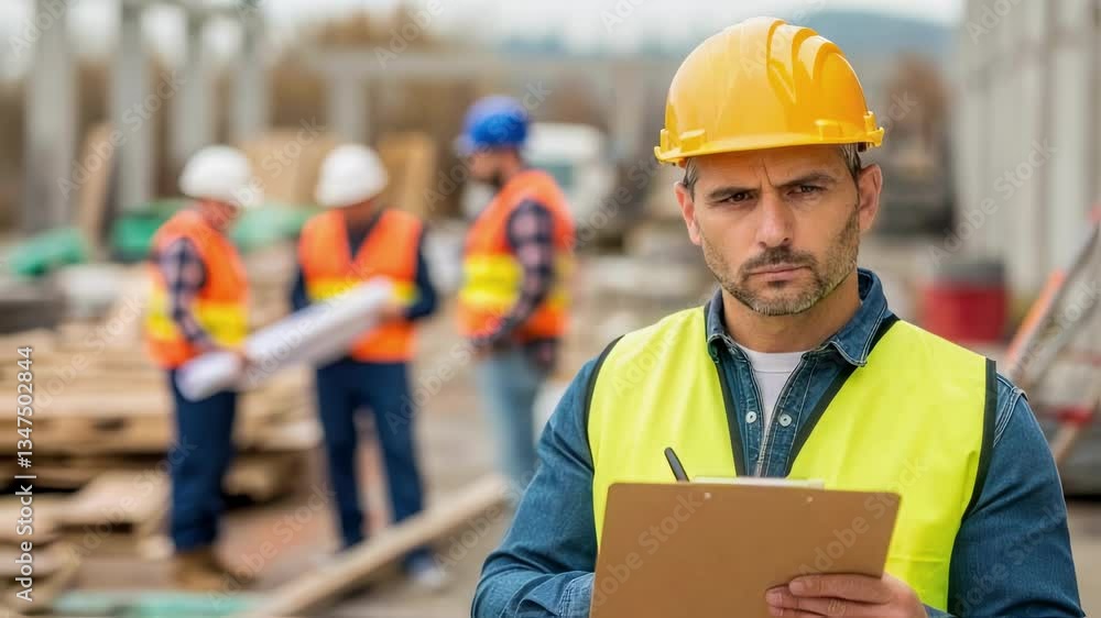 Poster construction supervisor wearing safety vest and helmet takes notes on a clipboard while other worker