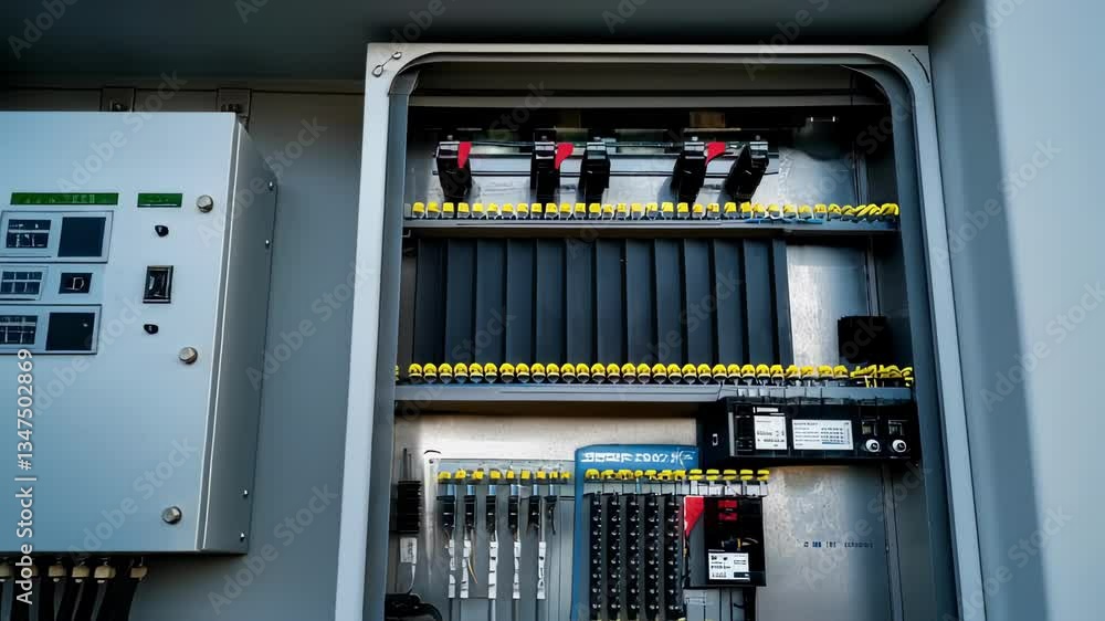 Aufkleber Multiple views of an electrical cabinet being opened, revealing internal components such as circuit breakers, relays, and wiring, possibly related to wind turbine or power distribution systems