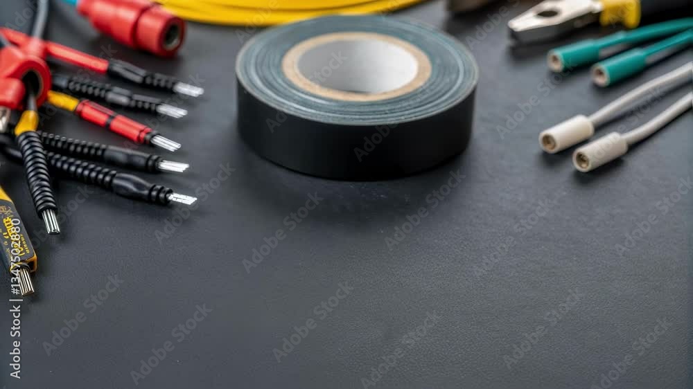 Fototapete electrical tape, wires, connectors, and alligator clips are neatly arranged on a dark surface, creat
