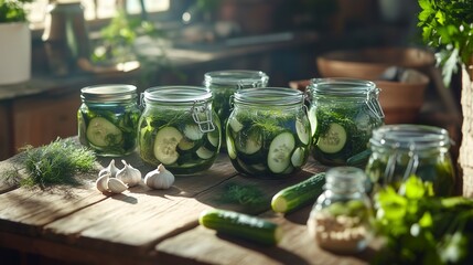 Rustic wooden table with several glass jars filled with homemade pickled cucumbers, fresh dill and garlic cloves around, cozy farmhouse atmosphere
