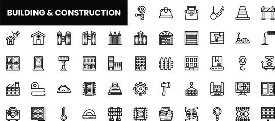 A diverse collection of black and white construction and building icons.