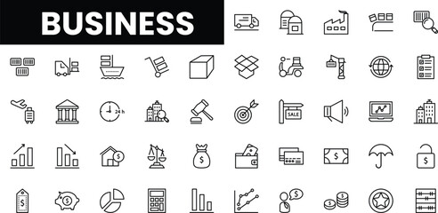 A collection of minimalist business icons in black and white.