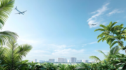 Fototapeta premium Tropical Cityscape View With Palm Trees And Blue Sky
