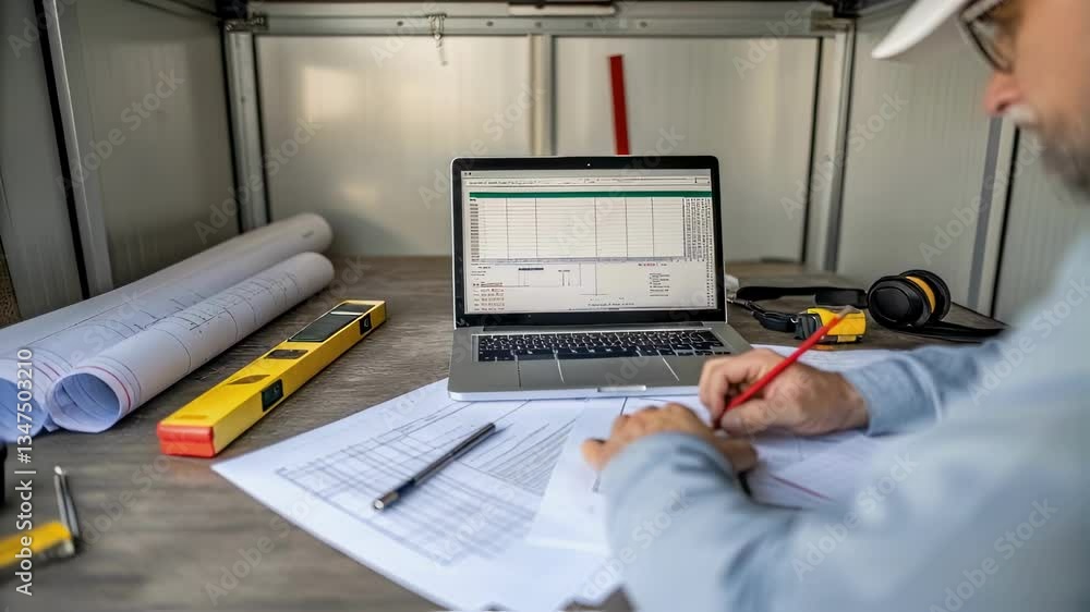 Aufkleber construction engineer carefully reviewing blueprints and spreadsheets on a laptop, making calculatio