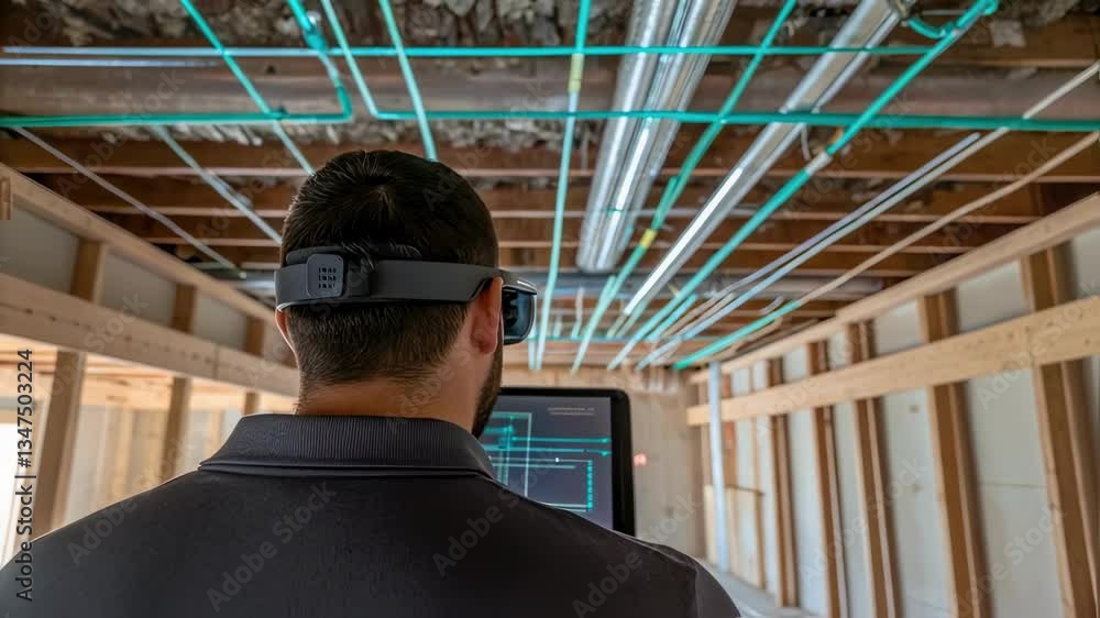 Aufkleber Professional architect wearing augmented reality glasses examining plumbing system during building inspection using futuristic technology for efficient workflow