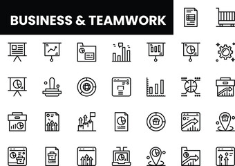 Minimalist icons representing business and teamwork concepts in black and white.