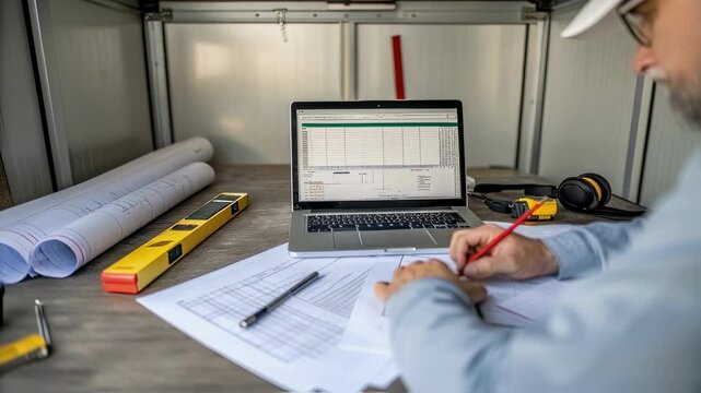 Construction engineer carefully reviewing blueprints and spreadsheets on a laptop, making calculations and taking notes, demonstrating professionalism and expertise in his field