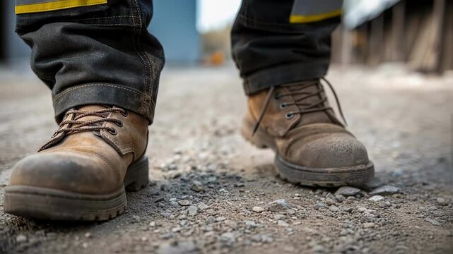 Construction worker's feet wearing heavy duty safety boots stepping carefully across dusty gravel path at active job site, showcasing protective work footwear in industrial environment