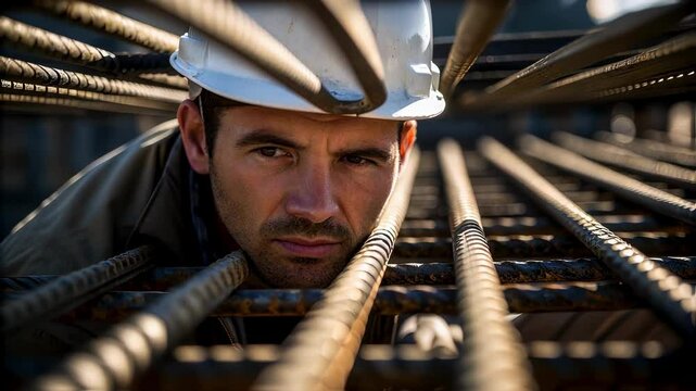 Professional construction worker wearing a safety helmet carefully inspects the rebar grid, ensuring structural integrity and adherence to building codes