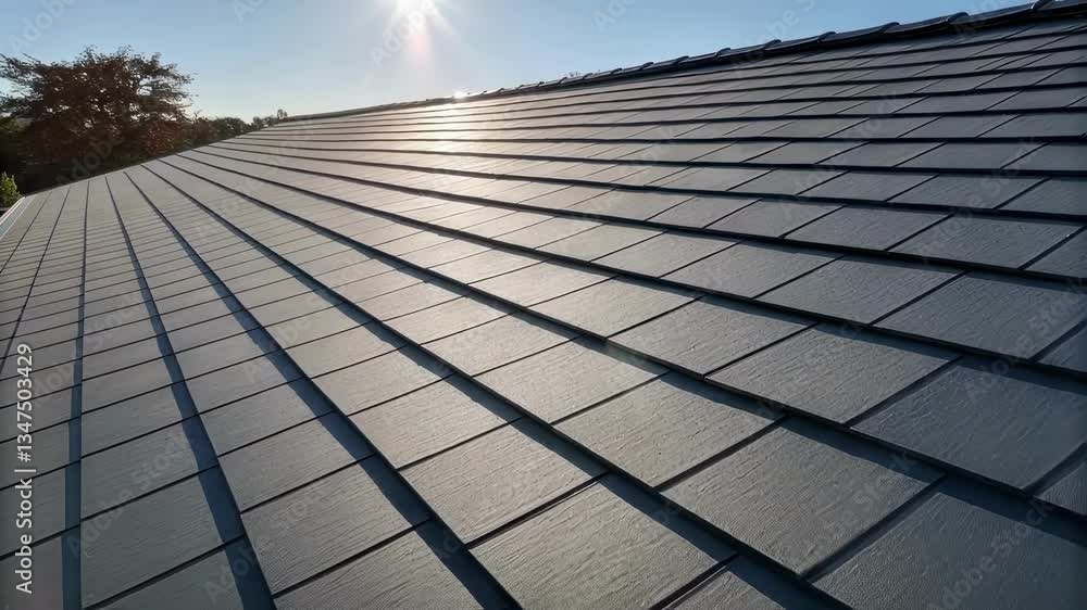 Aufkleber Sunlight reflects on dark gray solar roof tiles of a residential building, creating a visually appealing pattern with the tree visible in the background