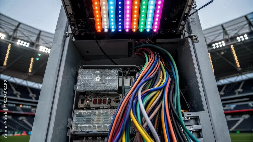 Poster colorful led control box illuminating stadium infrastructure, highlighting intricate electrical wiri