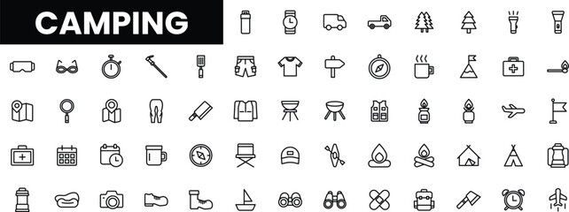 A collection of camping icons including gear, tools, and nature elements.